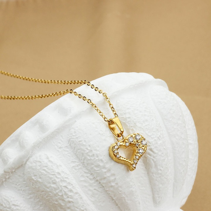 Colier dama, black King, inox, forma inima, Gol, zircon, aur