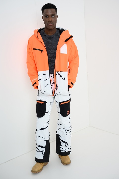 Watts, Jacheta cu gluga pentru snowboard Temper, Alb/Negru/Portocaliu neon