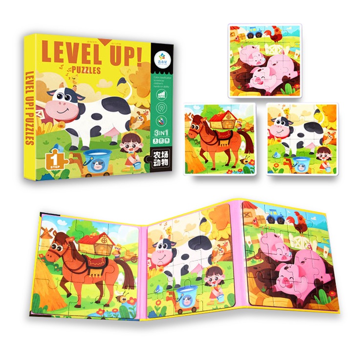 Mágneses puzzle 4 az 1-ben állatfarm, 12/16/20 darabos, 3-6 éveseknek, utazó játékszett gyerekeknek