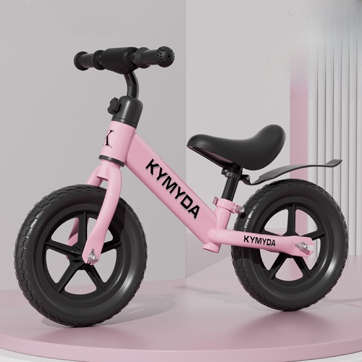Bicicleta de echilibru pentru copii din otel cu continut ridicat de carbon, cu ghidon si scaun reglabile, roata din spuma solida, Roz Fara pedale 12 inch