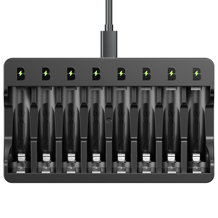 Incarcator pentru 8 acumulatori Voltière, afisaj incarcare Lcd, Ni-MH, Ni-Cd, Negru