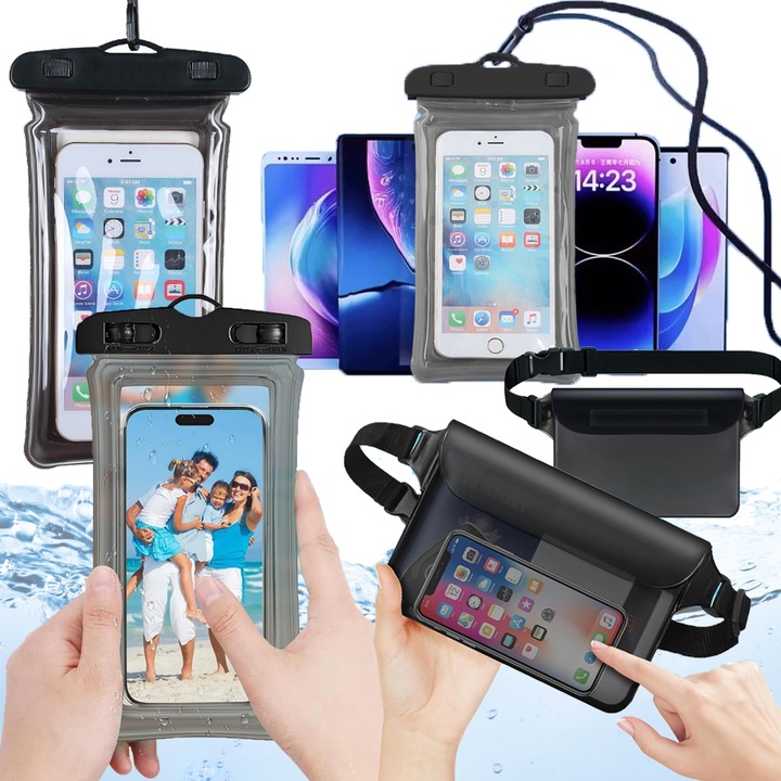 Husa impermeabila pentru telefon mobil cu franghie cu carlig pentru telefon mobil (1 bucata) + geanta impermeabila pentru talie (1 bucata), husa airbag de protectie impermeabila pentru telefon mobil, potrivita pentru snorkeling si inot subacvatic