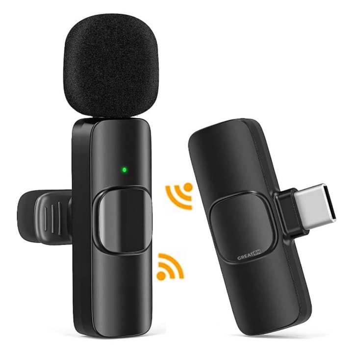 Microfon Lavaliera Wireless GREATON, Reincarcabil, Omnidirectional, Transmisie Fara Fir, Pentru Android, Smartphone, Tableta, Laptop, Ideal Pentru Vloggeri, Creatori De Continut, Interfata Type C, Negru