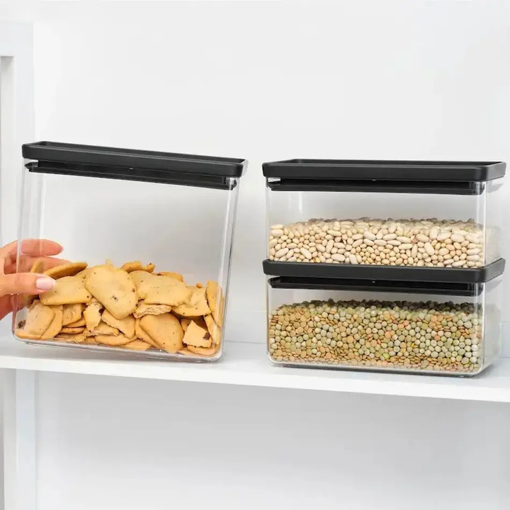 Set 3 recipiente de depozitare Brabantia, Tasty+, capacitate 1.5 litri si 3.5 litri, pastreaza alimentele proaspete, potrivit pentru lichide/solide, capac cu inchidere etansa, usor de curatat, lavabile in masina de spalat vase, transparent