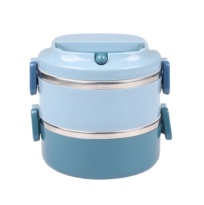 Cutie Pranz Rotunda AZeira®, Termoizolanta, Vas Inox inclus, 2 Compartimente, Lavabila la masina de spalat vase, Capacitate 1.4 L, Manere, Inchidere etansa, Materiale Sustenabile, Rotunda, 15x15x15 cm, Bleu