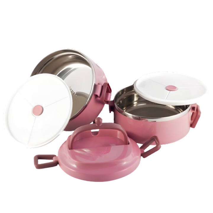 Cutie Pranz Rotunda AZeira®, Termoizolanta, Vas Inox inclus, 2 Compartimente, Lavabila la masina de spalat vase, Capacitate 1.4 L, Manere, Inchidere etansa, Materiale Sustenabile, Rotunda, 15x15x15 cm, Roz inchis