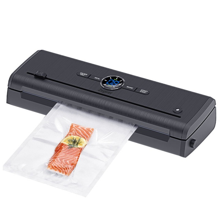 Aparat de vidat si sigilat alimente, Zeguer, 115 W, 7 Moduri (Uscat/Umed/Puternic), Cutter Incorporat, Bara Lipire 30cm, 5 pungi incluse, Rezervor Detasabil, Negru