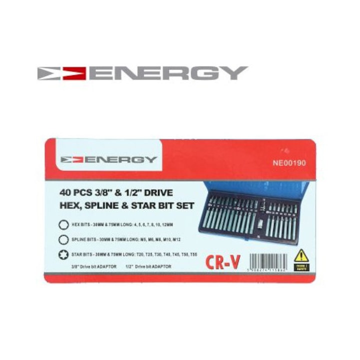 40 darabos bitkulcskészlet, Energy, HEX, SPLINE, STAR, 4-12mm, 30x75mm
