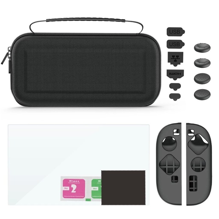Set accesorii iPega pentru Nintendo Switch 2, husa de protectie, protectie din sticla, 4 huse joystick, 2 huse controler, 1 set capace porturi