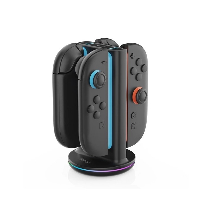 Statie de incarcare IPega SW2051 pentru JoyCon controlere Nintendo Switch 2, neagra, cu efecte RGB, 4 sloturi