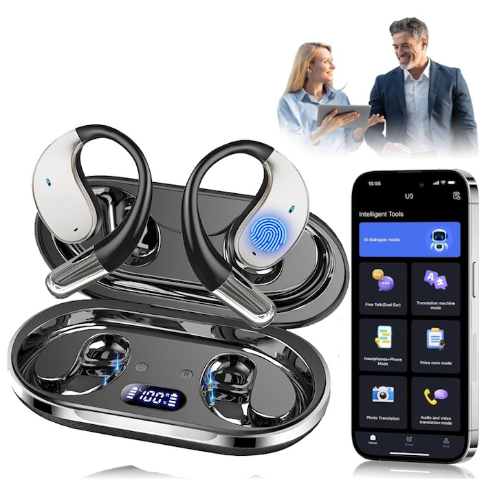 Casti inteligente de traducere Qurevo® AI, traducere in timp real, procese-verbale ale sedintei, 144 de limbi, casti de traducere 3 in 1 cu spate deschis, Bluetooth 5.4, potrivite pentru calatorii internationale si afaceri, negre, Q-2