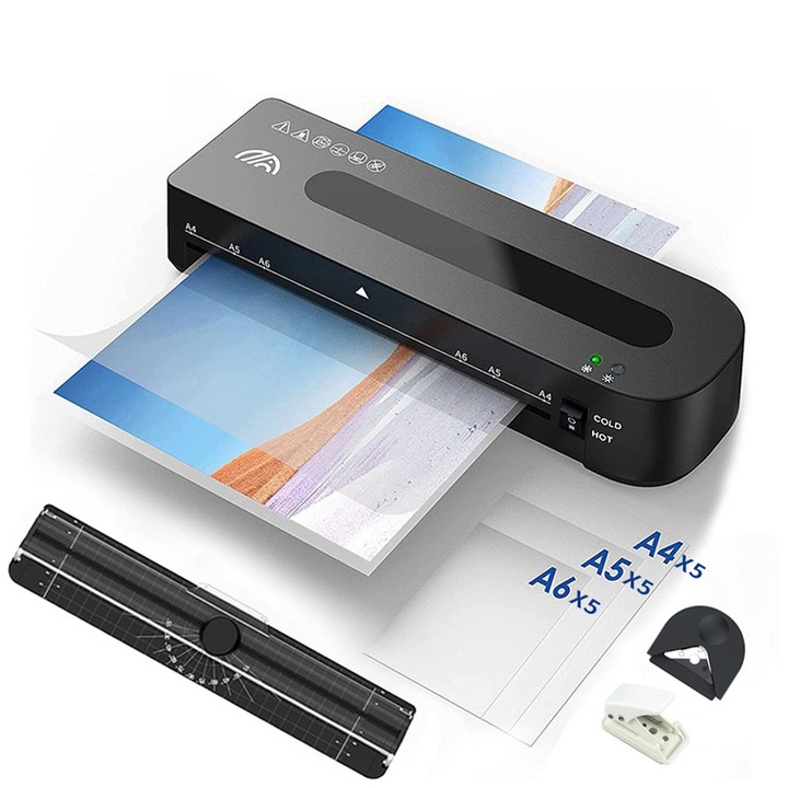 Laminator Axroad Mall, 80-125 microni, mod rece si fierbinte, cu trimmer, negru, 32x10x6.2cm, set 4 piese