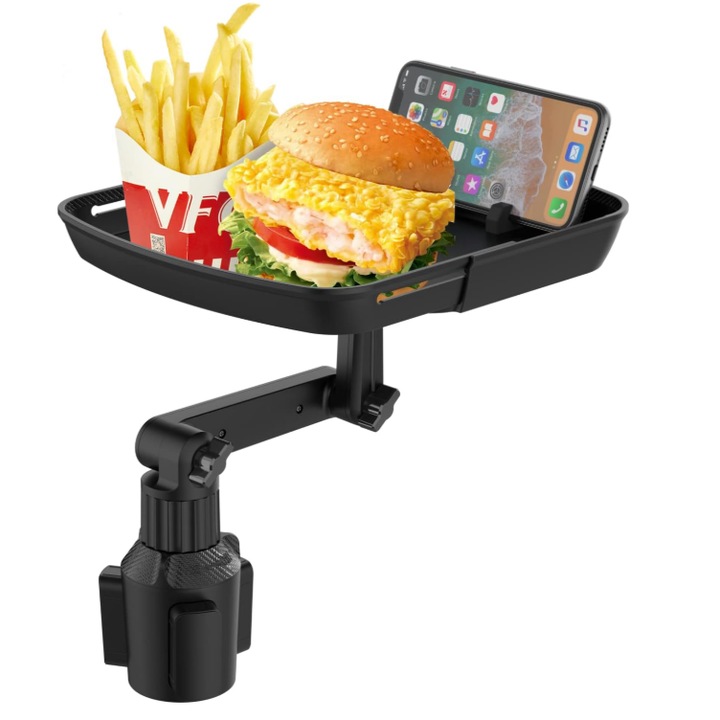 RR-LUX® Multifunkcionális autós tartó, Összecsukható, 360 fokban forgatható tartó, Konzoltartóval, Univerzális, Duplán Kihúzható Talp, Pohártartó, Telefon- vagy Uzsonnatartó, Hosszú Utazásokra Alkalmas, ABS, Fekete