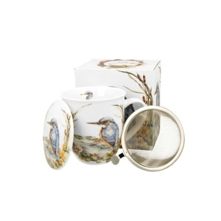 Porcelán bögre fedővel és szűrővel 420ml, Madarak Világa, kék sirály