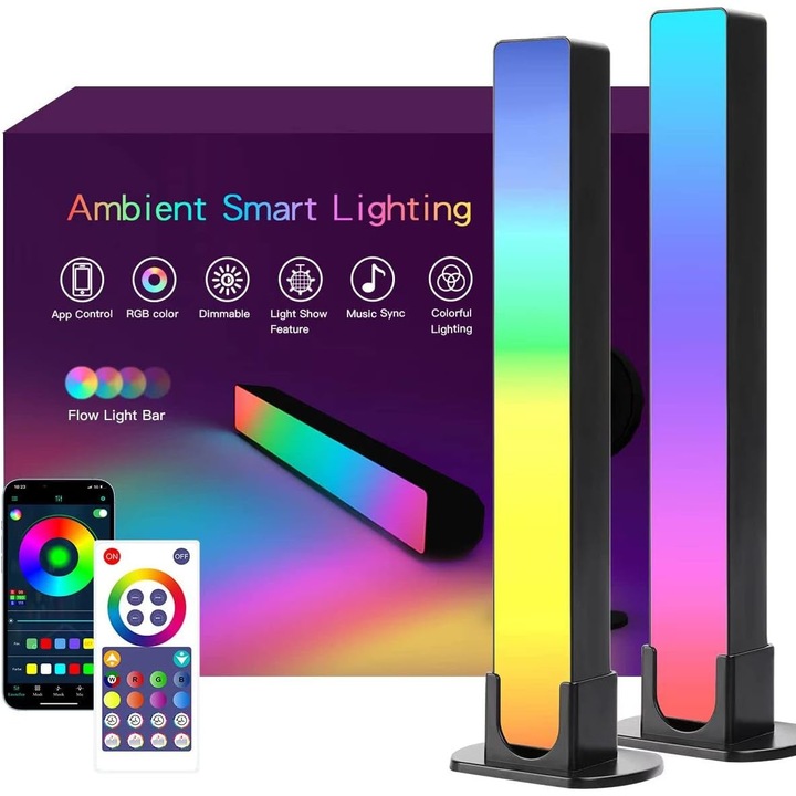Set 2 lampi smart RGB Ambient Smart Sync cu muzica si control aplicatie pentru jocuri, decorare, computer, televizor, decorarea camerei, lightbar, Negru