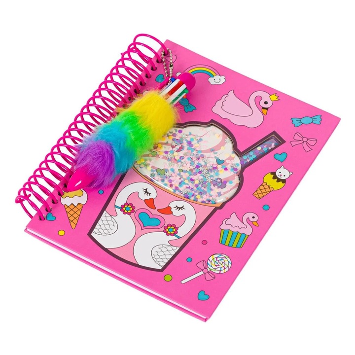 Spirálfüzet rózsaszín hattyú jégital plüss tollal 7.5x20.5cm - 64F