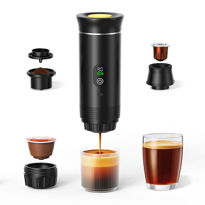 Masina de cafea portabila Compatibila cu cafea macinata/capsule mari/capsule mici Multifunctionala 3-in-1 Compatibila cu apa calda si rece Extractie la 20 bari Baterie cu durata lunga de viata Afisaj digital imbunatatit Negru