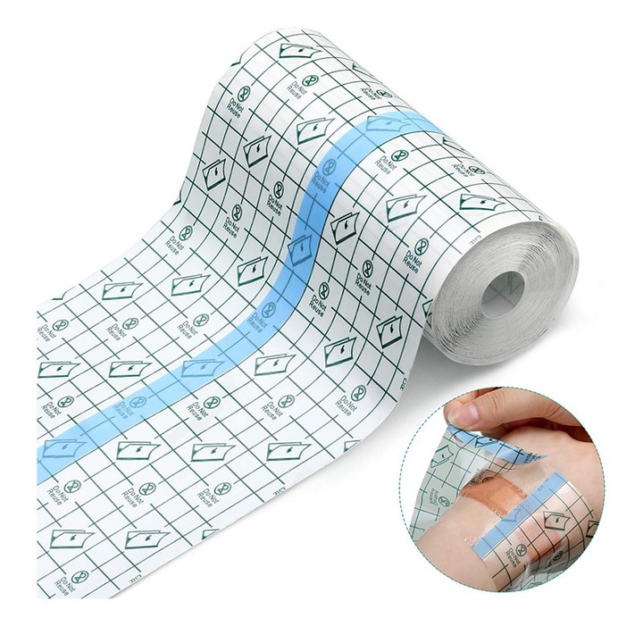 Folie de protectie pentru tatuaje, AjieQaQ, impermeabila, hipoalergenica, respirabila, usor de aplicat, protectie impotriva bacterii, 15cm x 5m, transparenta