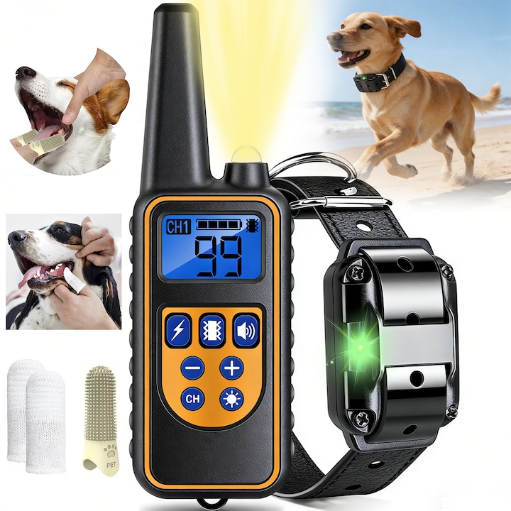 Zgarda Electrica Pentru Dresaj Caini, cu Telecomanda, YeeLei®, Raza 800m, cu 2 Tipuri de Periute de Dinti pentru Deget Caini, 99 Nivele, Vibratii si Electrosoc, Lumina de Noapte, Galben