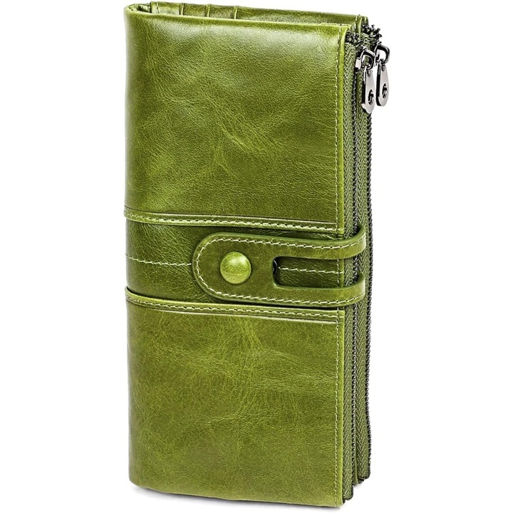 Portofel dama din piele naturala, capacitate mare, cu buzunar pentru telefon si compartiment cu fermoar, verde