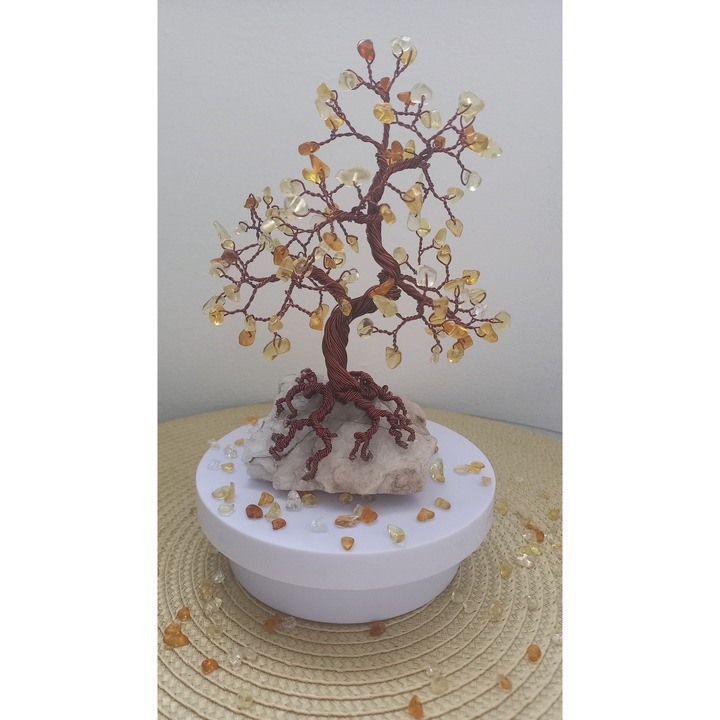 Copac decorativ handmade din cristale de Citrin și sarma de cupru, 17cm, montat pe piatră naturală