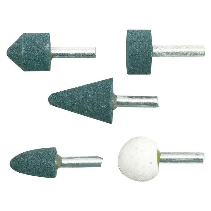 Set 5 buc. piatra de slefuit Vorel, 6mm, conic, rotund, cilindru plat, pentru metal