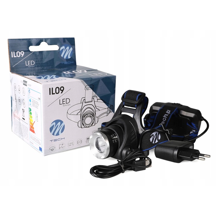 M-Tech IL09 fejlámpa, 800lm, 3 üzemmód, USB port, állítható, fekete
