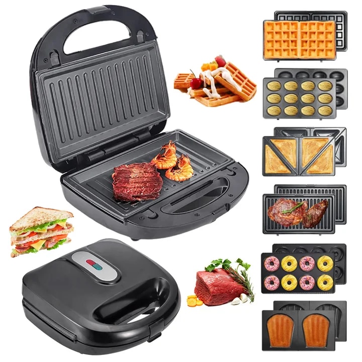 Sandwich maker si grill multifunctional, 750W, placi grill antiaderente 27 x 22 cm, aparat versatil bucatarie, Plite neaderente detasabile, Plitele de taiere si sigilare, deschidere 180°, leduri indicatoare, Sistem de blocare rapida, negru