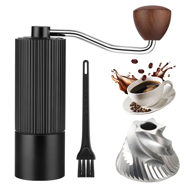 Rasnita Manuala Pentru Cafea, Cu Mori Conice Din Otel Inoxidabil 420 CNC, Capacitate 18-25g, Setari Ajustabile Externe Si Interne, Pentru Espresso, French Press, Pour Over, Maner Detasabil, Negru