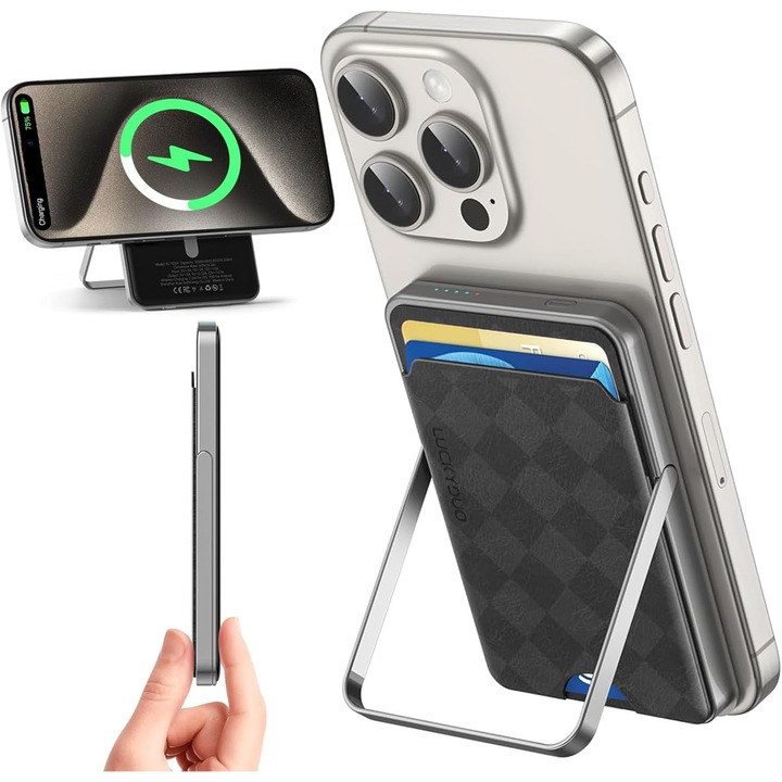 Baterie externa magnetica Slim LUCKYDUO, cu portofel Mag-safe/stand pliabila de 5.000mAh, 20W, USB-C, ultra compacta, cu suport pentru telefon, baterie compatibila cu seria iPhone 16/15/14/13/12, gri