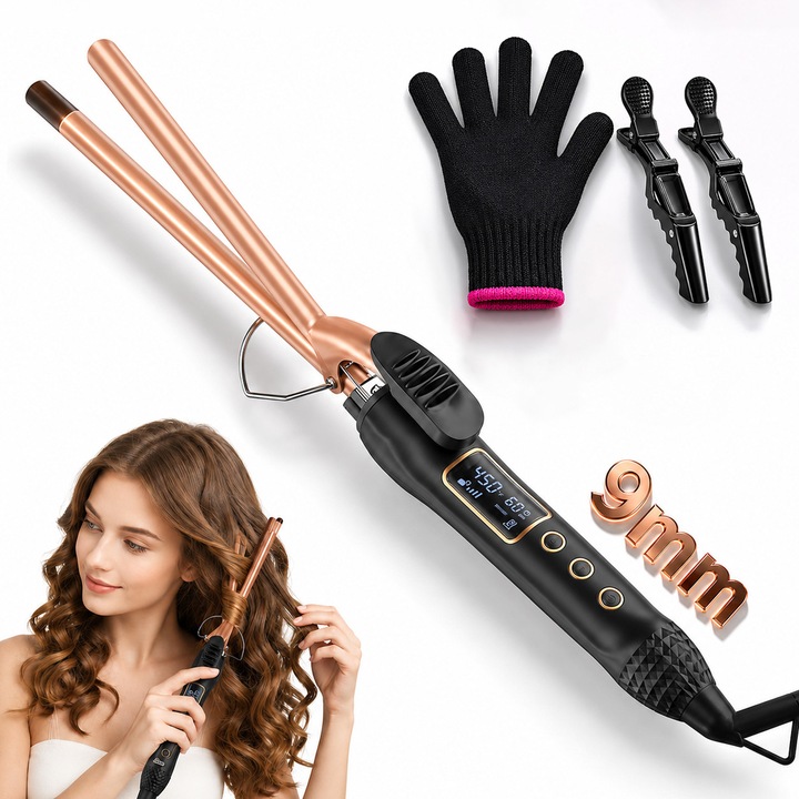 Ondulator par, pentru Bucle Afro, 9mm, YeeLei®, 80°C-230°C, Invelis Ceramic, Incalzire Rapida, cu Manusi Rezistente la Caldura, 2 Agrafe de par, Oprire Automata in 60 de Minute, Roz Auriu