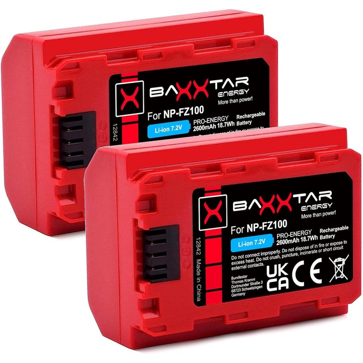 Pachet 2x Acumulator Baxxtar Pro NP-FZ100 2600mAh pentru Sony FX30 Alpha 6700 A1 7 IV 7C II 7CR 7R IV V ZV-E1