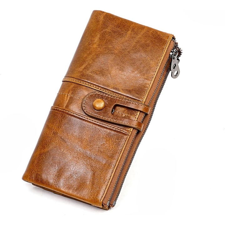 Portofel dama din piele naturala, capacitate mare, cu buzunar pentru telefon si compartiment cu fermoar, maro