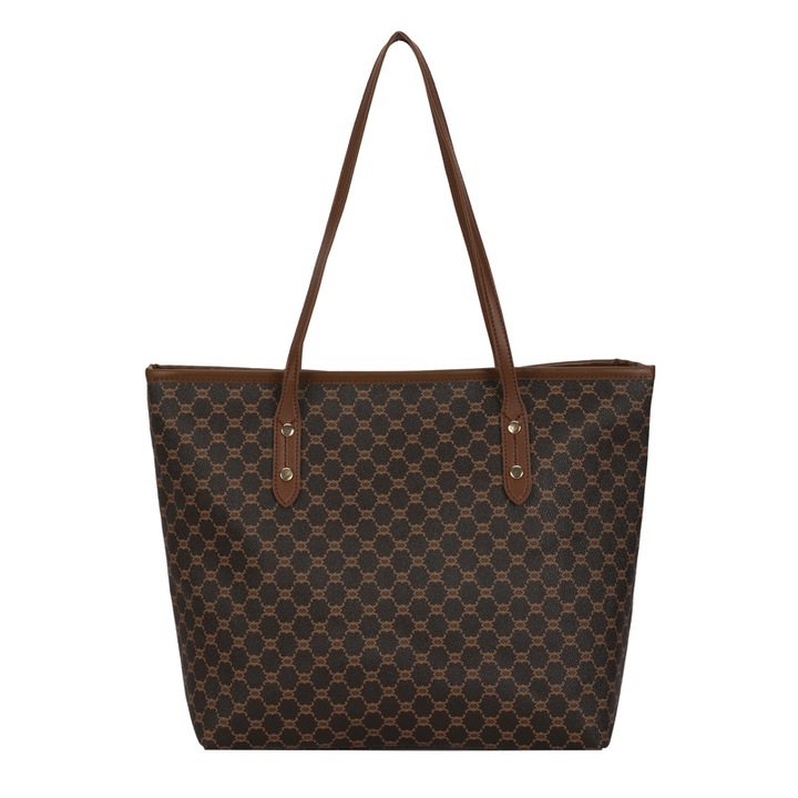 Vödör típusú táska, nagy kapacitású, kockás mintás, barna színű, 39x29x15cm