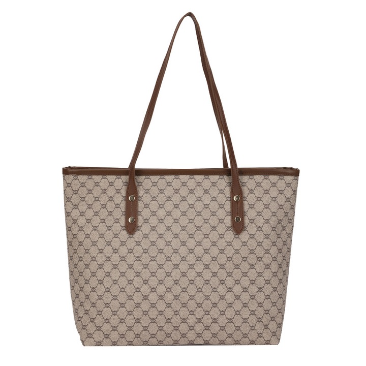 Чанта тип кошница, голям капацитет, кариран модел, цвят каки, 39x29x15см