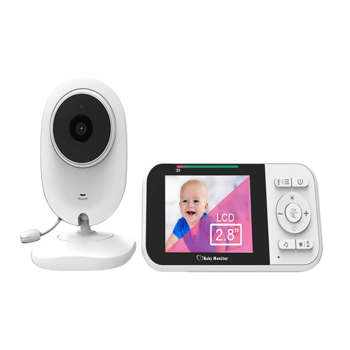 Baba videómonitor, 2.8” AI NightVision HD, 2.4G vezeték nélküli átvitel, 360°-os Monitorozás, Hőmérséklet szenzor, ECO és VOX Mód, 8 Dal, Fehér