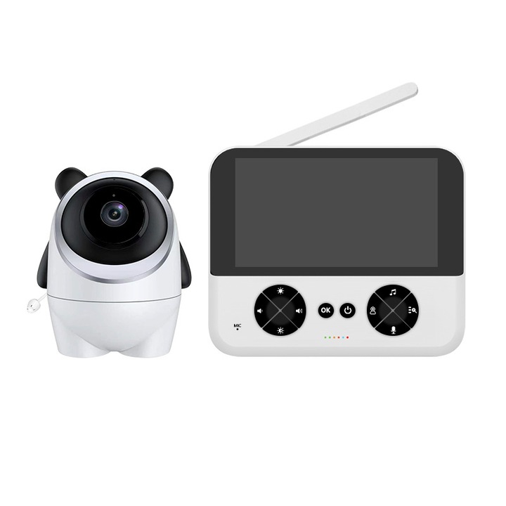 Baba videómonitor, 4.3” AI NightVision HD, 2.4G vezeték nélküli átvitel, 360°-os Monitorozás, Hőmérséklet szenzor, ECO és VOX Mód, 8 Dal, Fehér