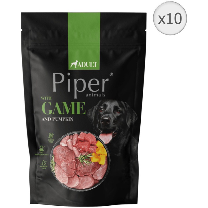 Hrana umeda pentru caini Piper Adult, Vanat si Dovleac, 10x500g