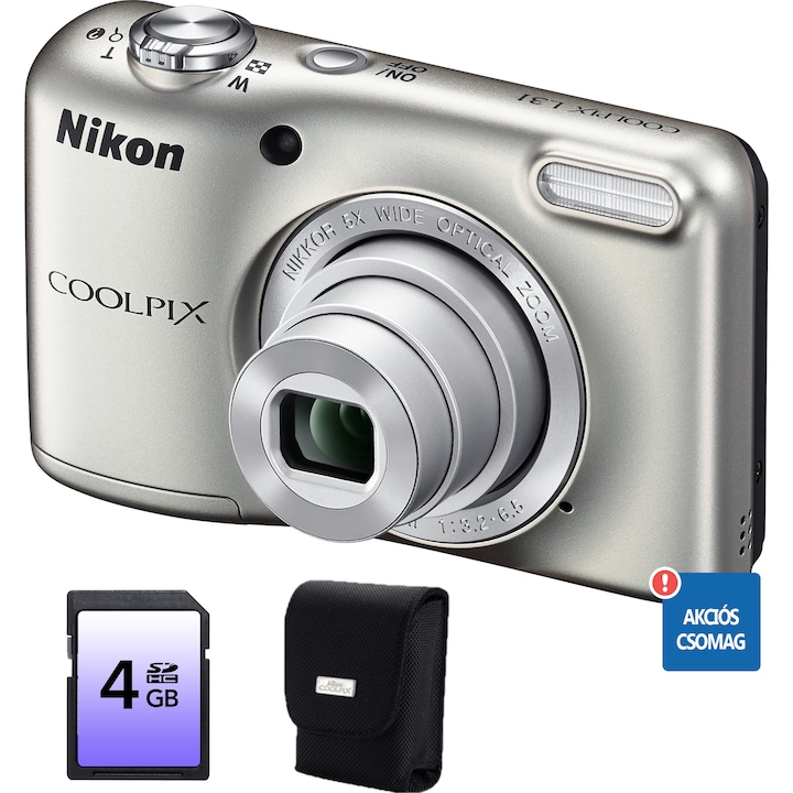 Nikon COOLPIX L31 digitális fényképezőgép, akciós csomag, 16.1MP, Ezüstszürke + 4GB kártya + Védőtok
