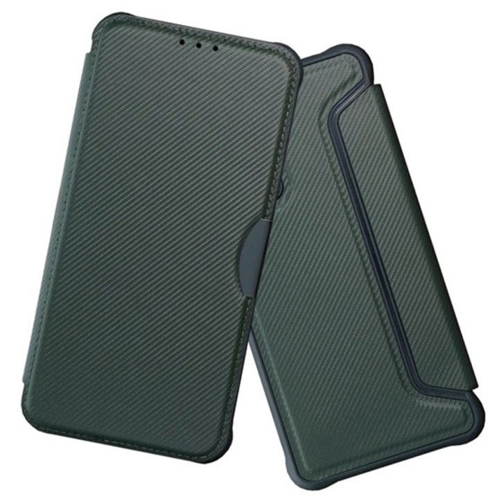 Gigapack mobiltelefon tok álló, bőr hatású, flip, oldalra nyíló, ütésállóság, légpárnás sarok, kameravédő, karbon minta, sötétzöld, kompatibilis: Galaxy S26