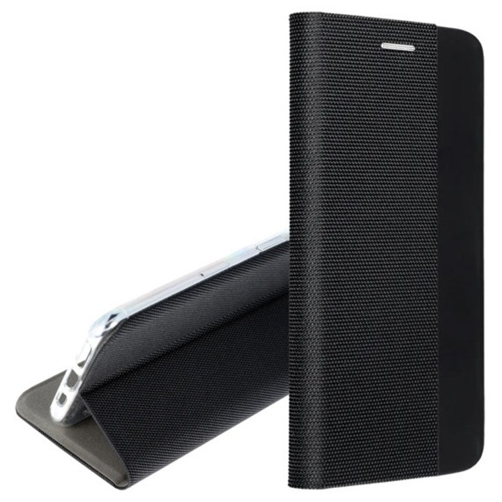 Gigapack mobiltelefon tok álló, bőr hatású, flip, oldalra nyíló, asztali tartó, textil minta, fekete, kompatibilis: Samsung Galaxy A17 4G, SM-A175, / Galaxy A17 5G, SM-A176