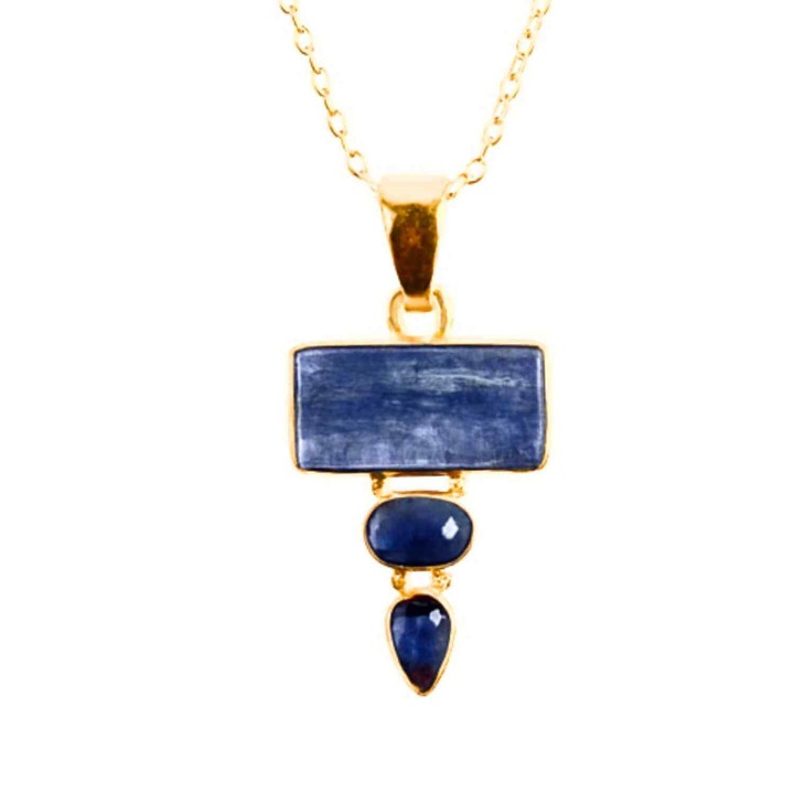 Comunicare Autentica si Echilibru - Colier inox si pandantiv argint 925 placat cu aur de18k si Triplu Kianit