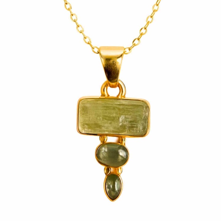 Echilibru si Vindecare Emotionala - Colier inox si pandantiv argint 925 placat cu aur de18k si Triplu Kyanit Verde