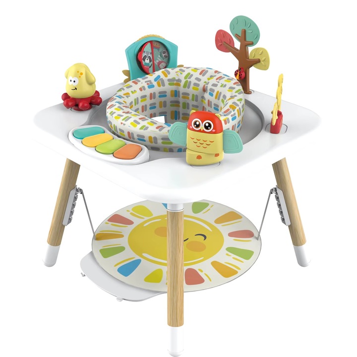 Бебешки джъмпер 4 в 1 с център за дейности WePro Store, Бебешки джъмпер, Регулируема височина, Въртяща се на 360 градуса седалка, Звуци, Светлини и Атрактивни Аксесоари, Идеален за Бебета над 6 Месеца, Бял