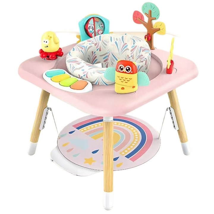 Бебешки джъмпер 4 в 1 с център за дейности WePro Store, Бебешки джъмпер, Регулируема височина, Въртяща се на 360 градуса седалка, Звуци, Светлини и Атрактивни Аксесоари, Идеален за Бебета над 6 Месеца, Розов