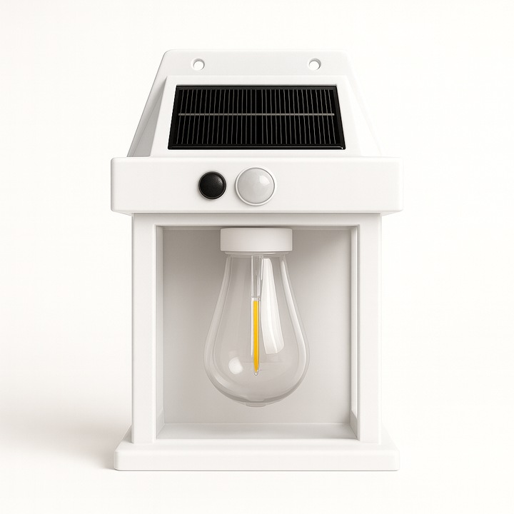 Lampa Solara LED cu Senzor de Miscare, Design Retro cu Bec Filament, pentru Exterior