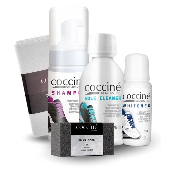 Set de curatare si ingrijire, Coccine, Coccine Sneakers, 75 ml + 100 ml + 125 ml, 5 piese, solutie de albire a incaltamintei, sampon pentru incaltaminte, solutie de curatare a talpilor, burete de curatare, laveta, Multicolor, material: diverse, eficient i