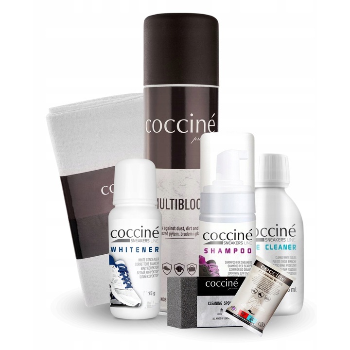 Set de curatare si ingrijire a incaltamintei, Coccine, 7 in 1, 75 ml, 125 ml, 100 ml, 15 piese, impregnare, inalbitor, sampon, burete, laveta, servetele umede, spray, Multicolor, setul include: inalbitor, sampon, curatitor de talpi, burete, laveta, servet