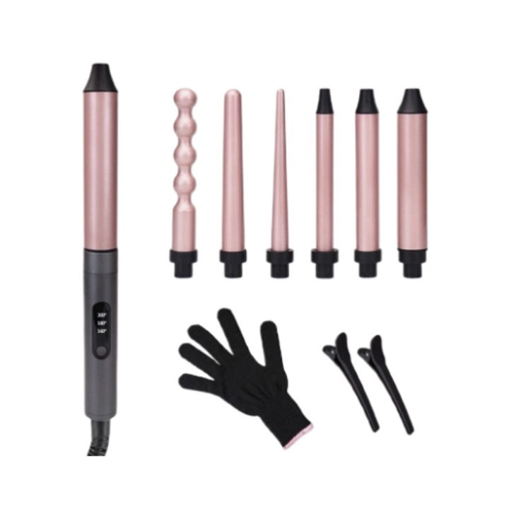 Professzionális hajsütővas 6 gyorsmelegítő fejjel és kesztyűvel