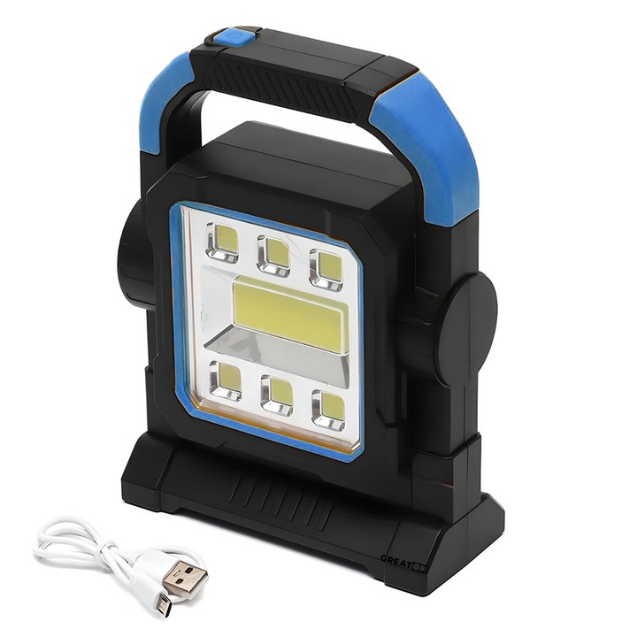 Преносим многофункционален LED фенер GREATON, със соларен панел, слънчево или USB зареждане, 2 зони на осветление, 42 светодиода, предни и странични светлини, LED функция, батерия 1200mah, устойчивост IP44, идеален за риболов и работилница, син цвят